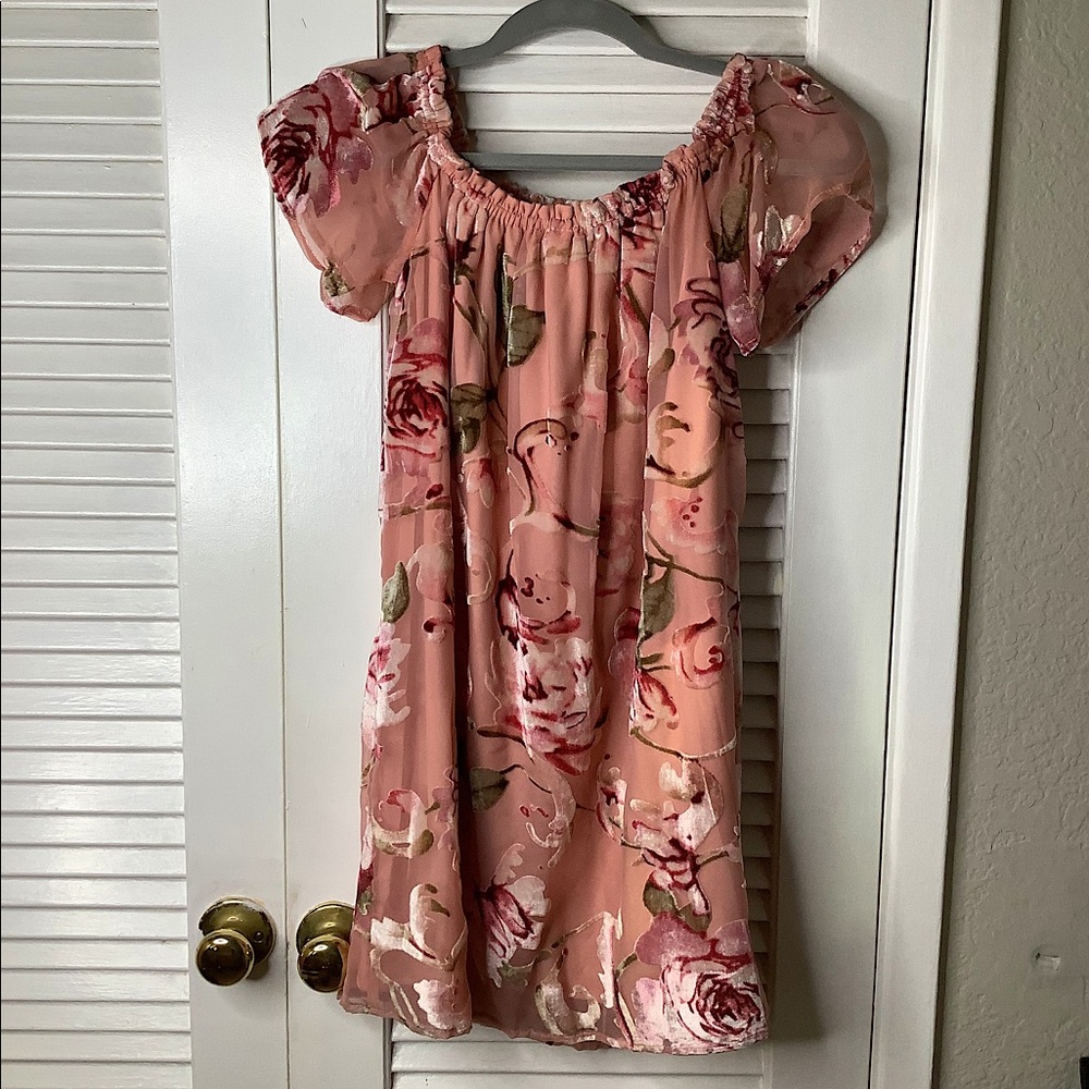 Pink, off the shoulder floral dress